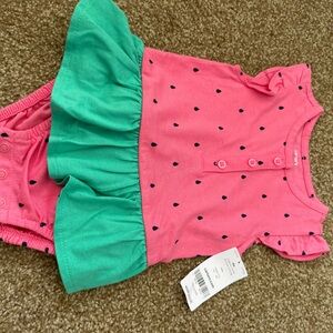 Watermelon Baby Girl Dress Onesie with Navy Dot Print